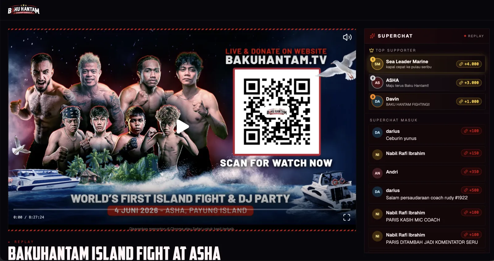 The bakuhantam.tv watch page during the event — the live player on the left and the real-time superchat rail of donations on the right